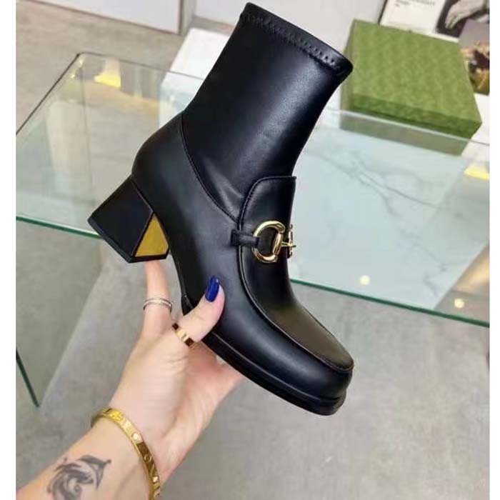 Gucci Women Boot Horsebit Black Smooth Stretch Leather Gold Plated Block Mid Heel