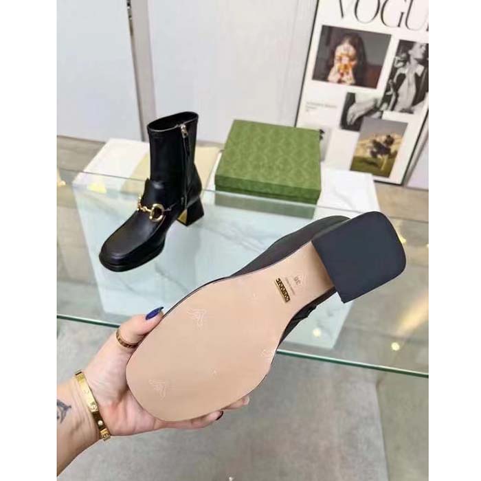 Gucci Women Boot Horsebit Black Smooth Stretch Leather Gold Plated Block Mid Heel
