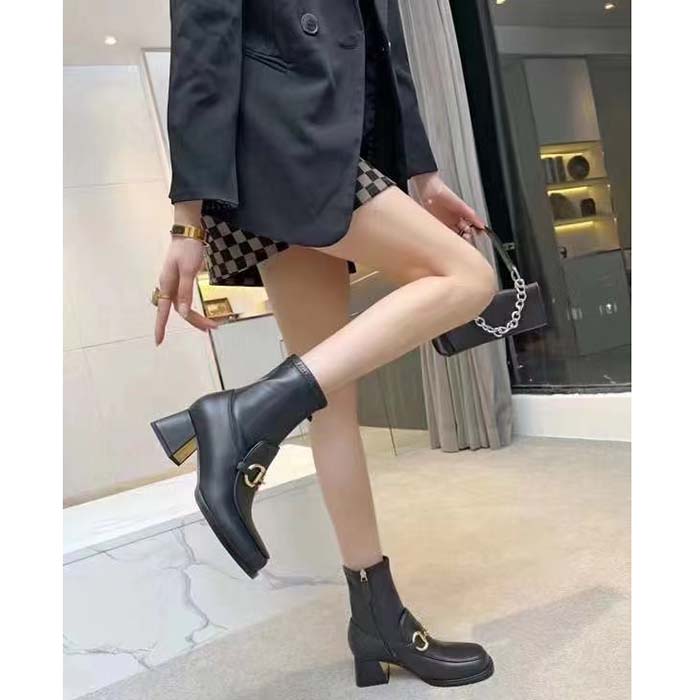 Gucci Women Boot Horsebit Black Smooth Stretch Leather Gold Plated Block Mid Heel