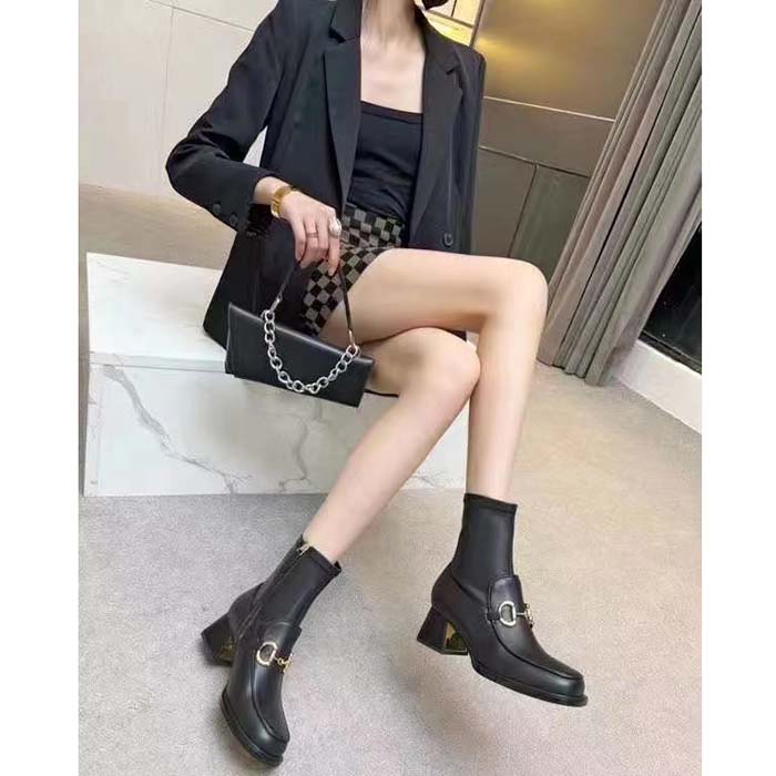 Gucci Women Boot Horsebit Black Smooth Stretch Leather Gold Plated Block Mid Heel