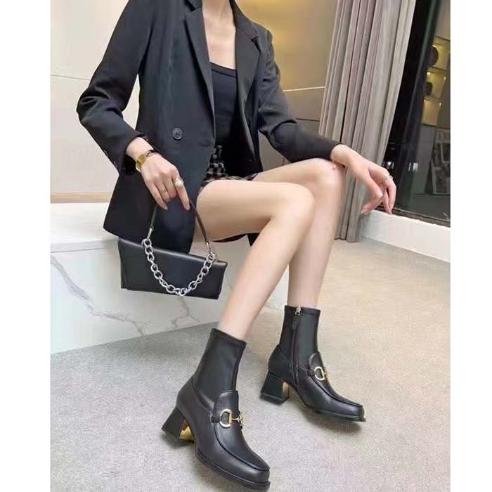 Gucci Women Boot Horsebit Black Smooth Stretch Leather Gold Plated Block Mid Heel