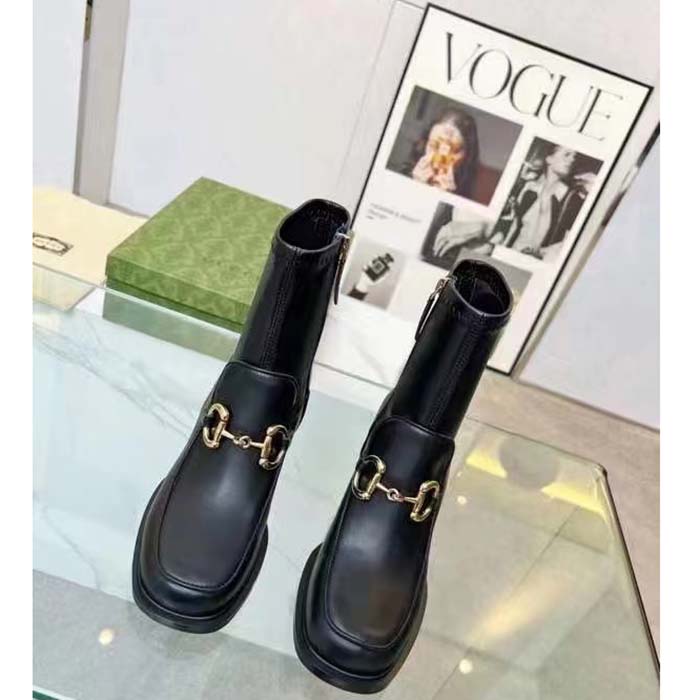 Gucci Women Boot Horsebit Black Smooth Stretch Leather Gold Plated Block Mid Heel