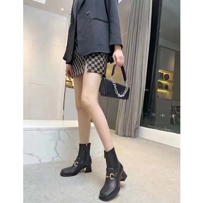 Gucci Women Boot Horsebit Black Smooth Stretch Leather Gold Plated Block Mid Heel