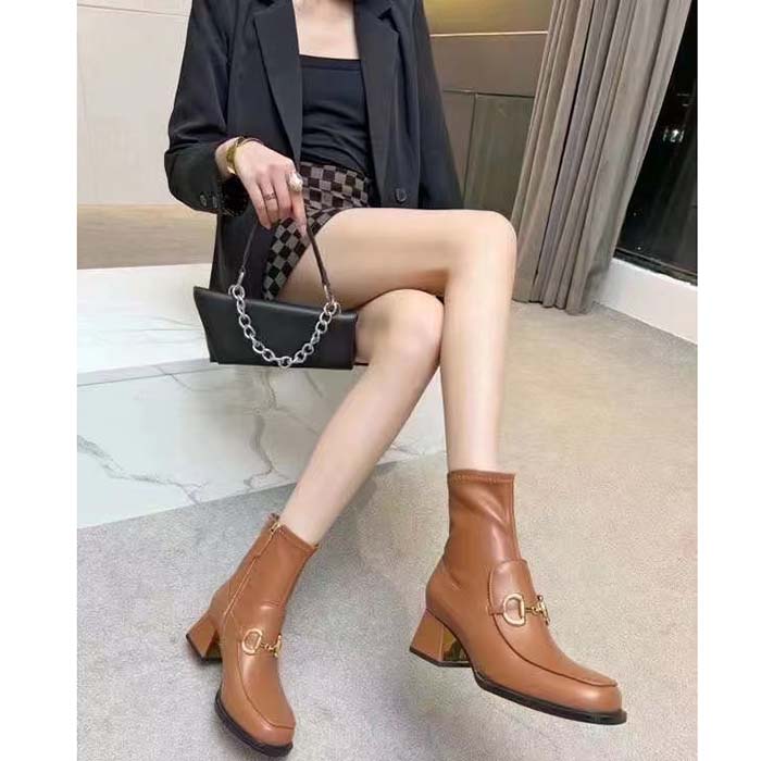 Gucci Women Boot Horsebit Brown Smooth Stretch Leather Gold Plated Block Mid Heel