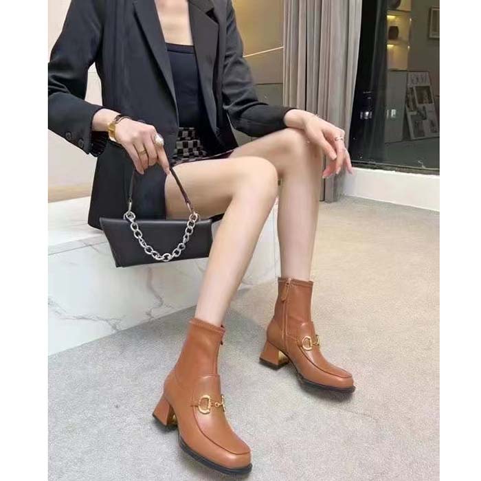 Gucci Women Boot Horsebit Brown Smooth Stretch Leather Gold Plated Block Mid Heel