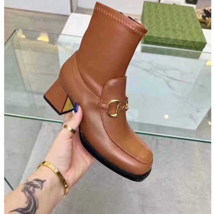 Gucci Women Boot Horsebit Brown Smooth Stretch Leather Gold Plated Block Mid Heel