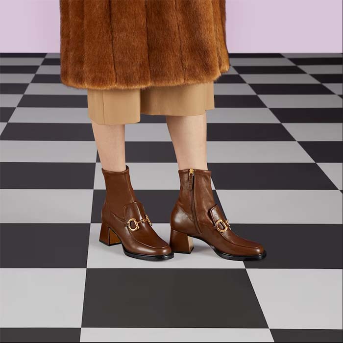 Gucci Women Boot Horsebit Brown Smooth Stretch Leather Gold Plated Block Mid Heel