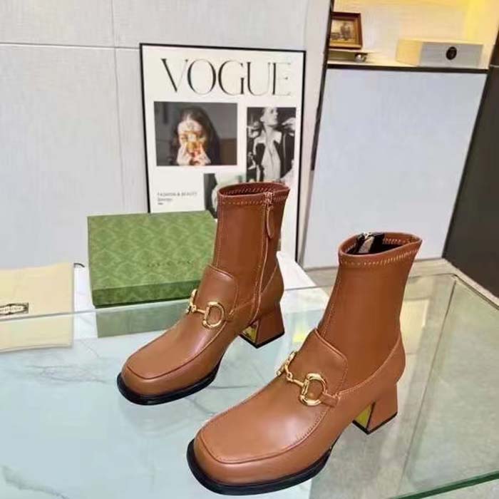Gucci Women Boot Horsebit Brown Smooth Stretch Leather Gold Plated Block Mid Heel