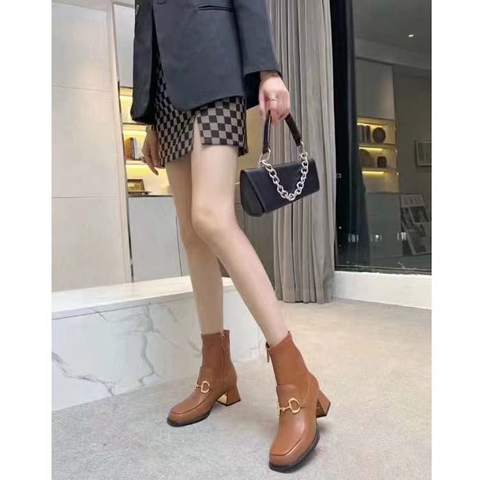 Gucci Women Boot Horsebit Brown Smooth Stretch Leather Gold Plated Block Mid Heel