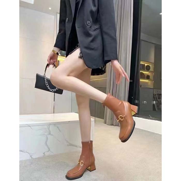 Gucci Women Boot Horsebit Brown Smooth Stretch Leather Gold Plated Block Mid Heel