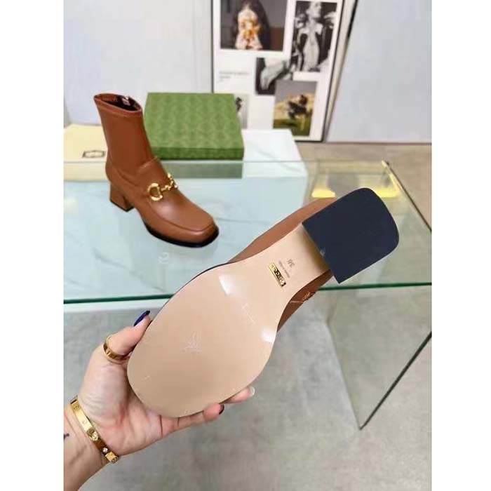 Gucci Women Boot Horsebit Brown Smooth Stretch Leather Gold Plated Block Mid Heel
