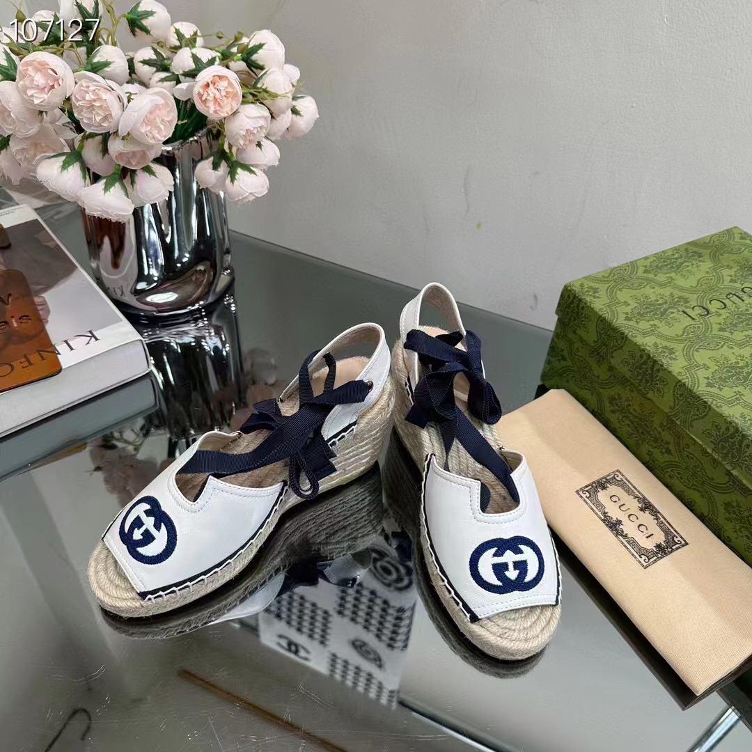 Gucci Women Espadrilles Ribbon Tie White Cotton Canvas Blue Interlocking G Embroidery