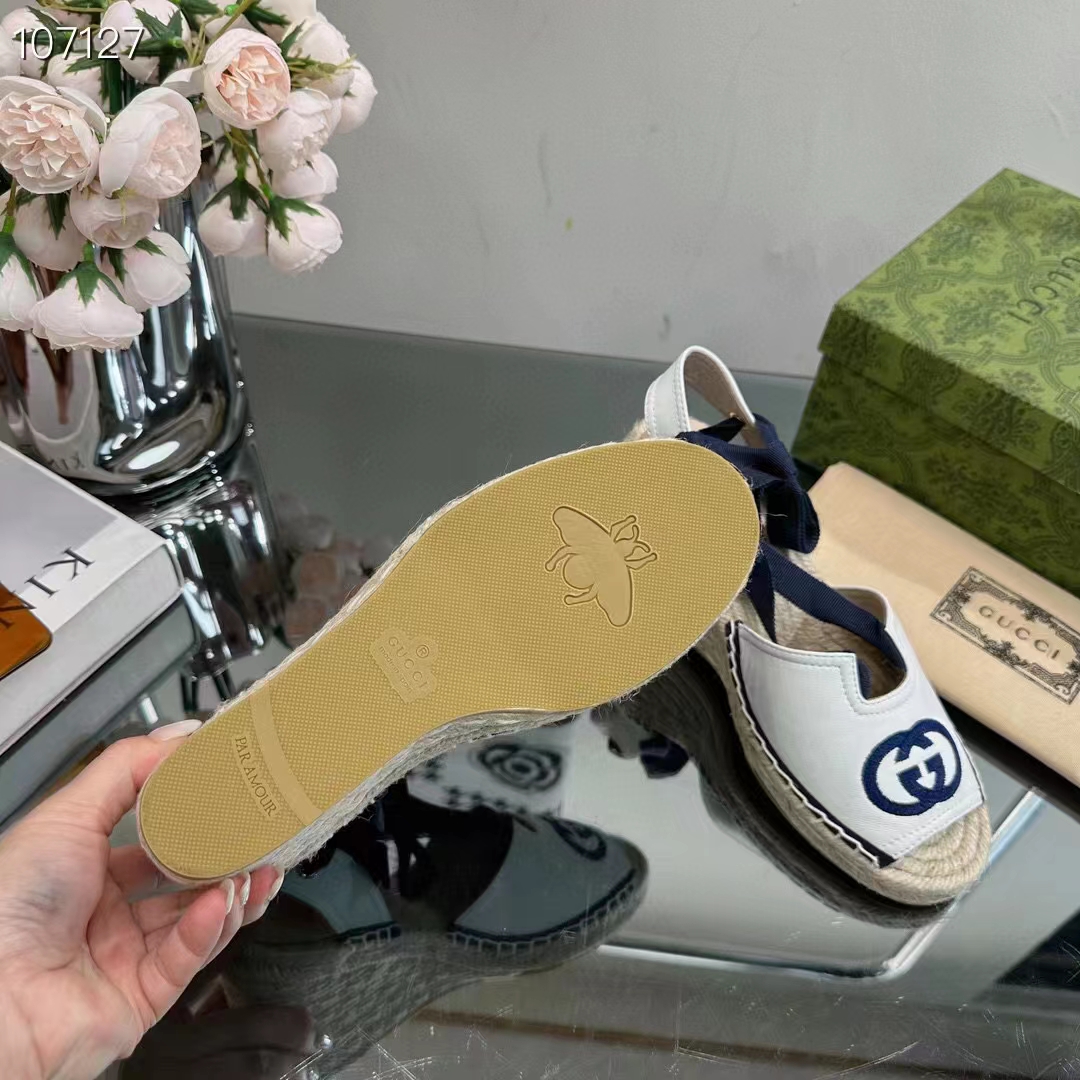 Gucci Women Espadrilles Ribbon Tie White Cotton Canvas Blue Interlocking G Embroidery