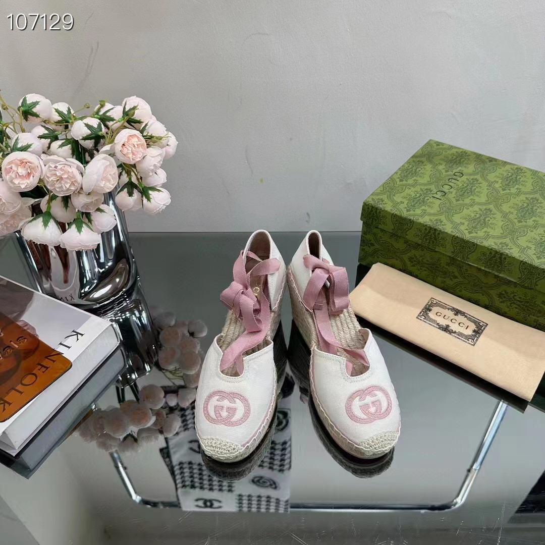 Gucci Women Espadrilles Ribbon Tie White Cotton Canvas Pink Interlocking G Embroidery