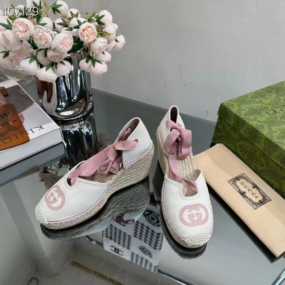 Gucci Women Espadrilles Ribbon Tie White Cotton Canvas Pink Interlocking G Embroidery