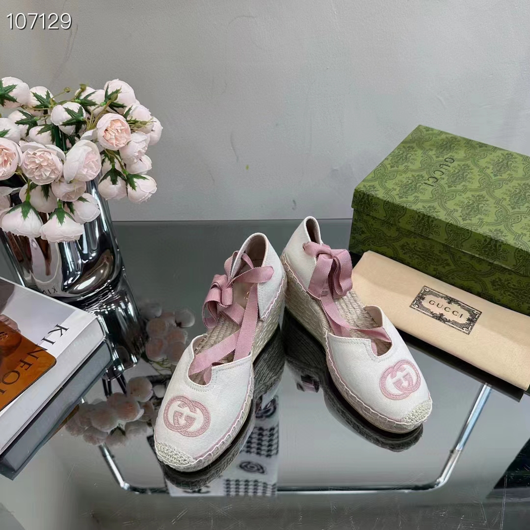 Gucci Women Espadrilles Ribbon Tie White Cotton Canvas Pink Interlocking G Embroidery