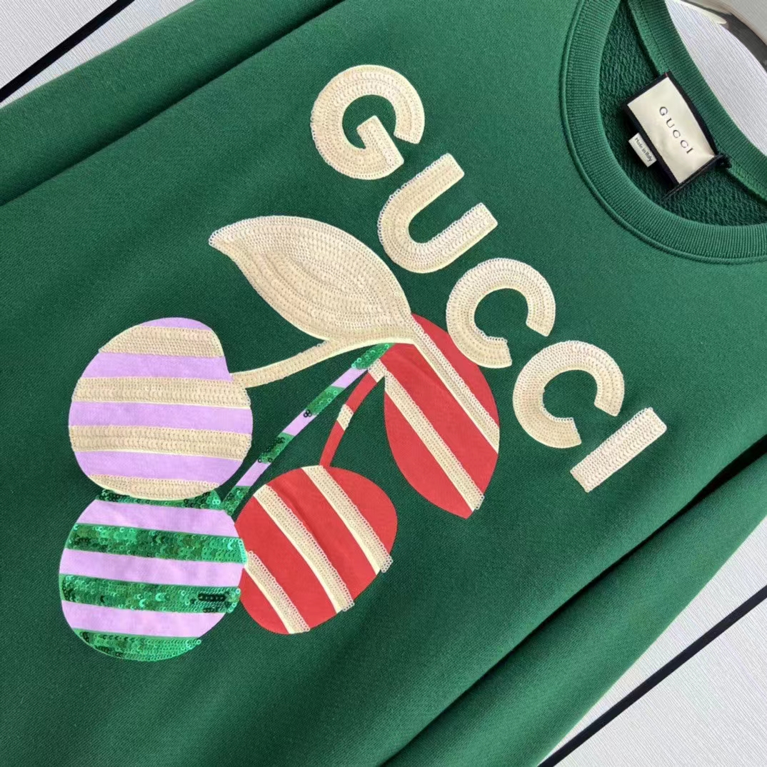 Gucci Women GG Cotton Jersey Sweatshirt Green Light Felted Crewneck Long Sleeves