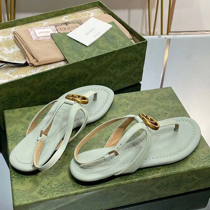 Gucci Women GG Double G Thong Sandal Light Green Leather Flat 0.5 CM Heel