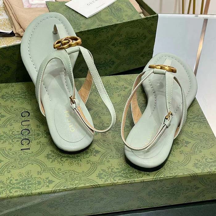 Gucci Women GG Double G Thong Sandal Light Green Leather Flat 0.5 CM Heel