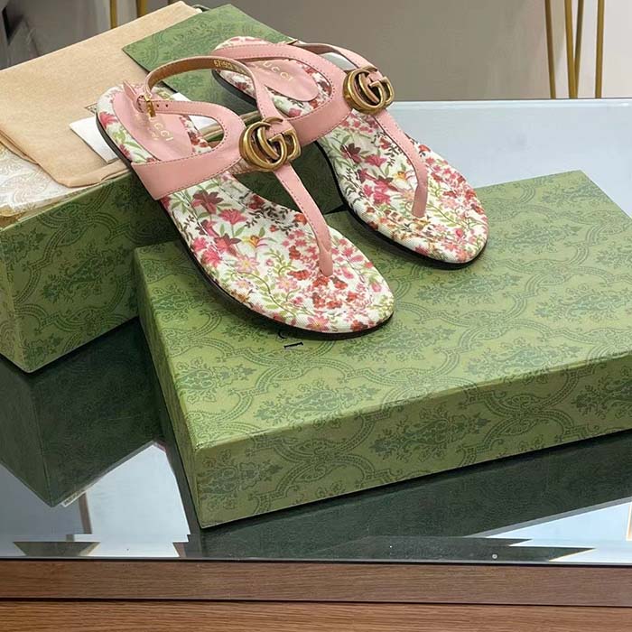 Gucci Women GG Double G Thong Sandal Pink Leather Flat 0.5 CM Heel