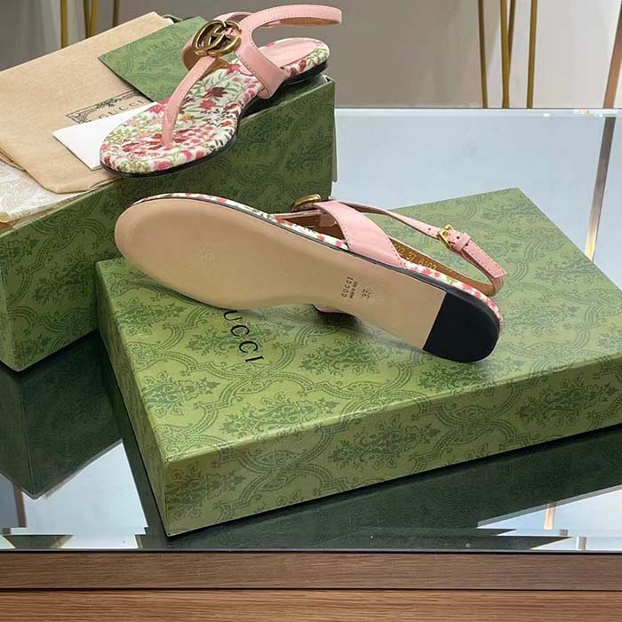 Gucci Women GG Double G Thong Sandal Pink Leather Flat 0.5 CM Heel