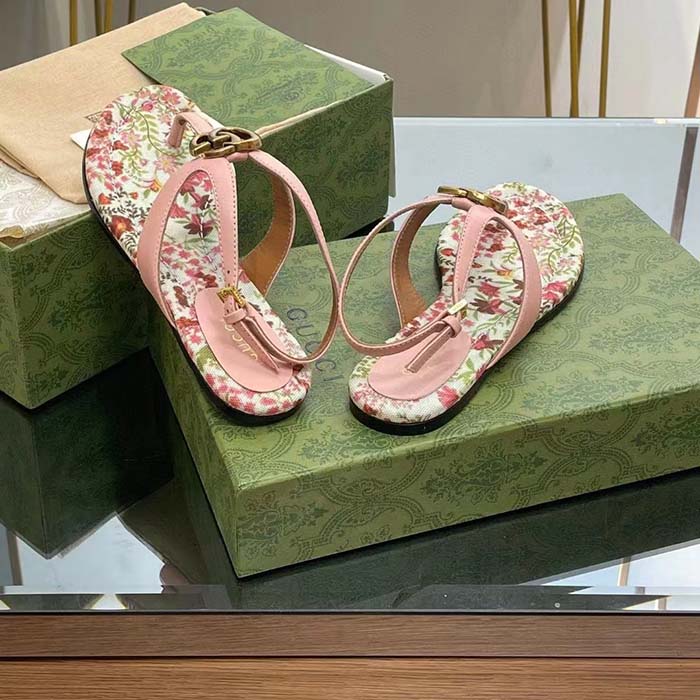 Gucci Women GG Double G Thong Sandal Pink Leather Flat 0.5 CM Heel