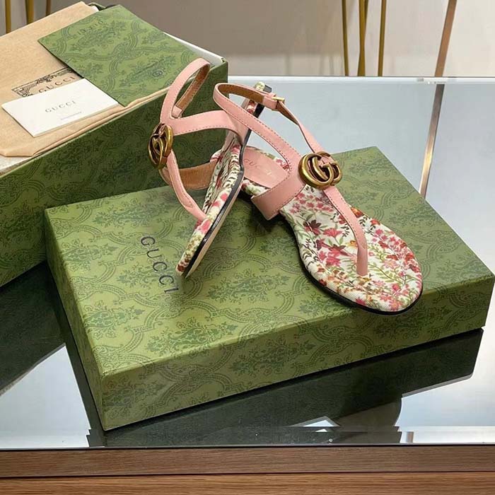 Gucci Women GG Double G Thong Sandal Pink Leather Flat 0.5 CM Heel
