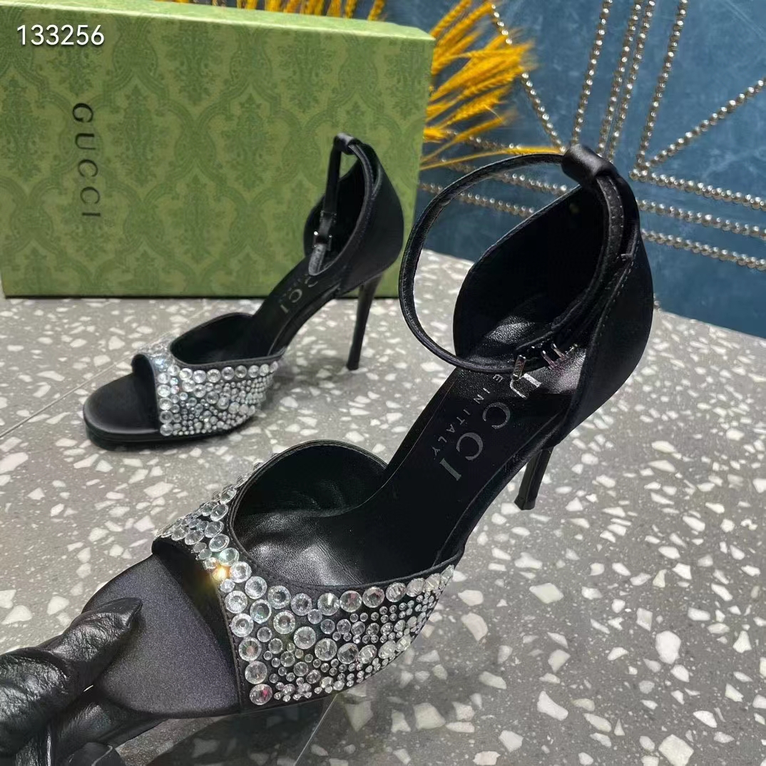 Gucci Women GG Mid-Heel Sandals Crystals Black Satin 11 CM Heel Double G