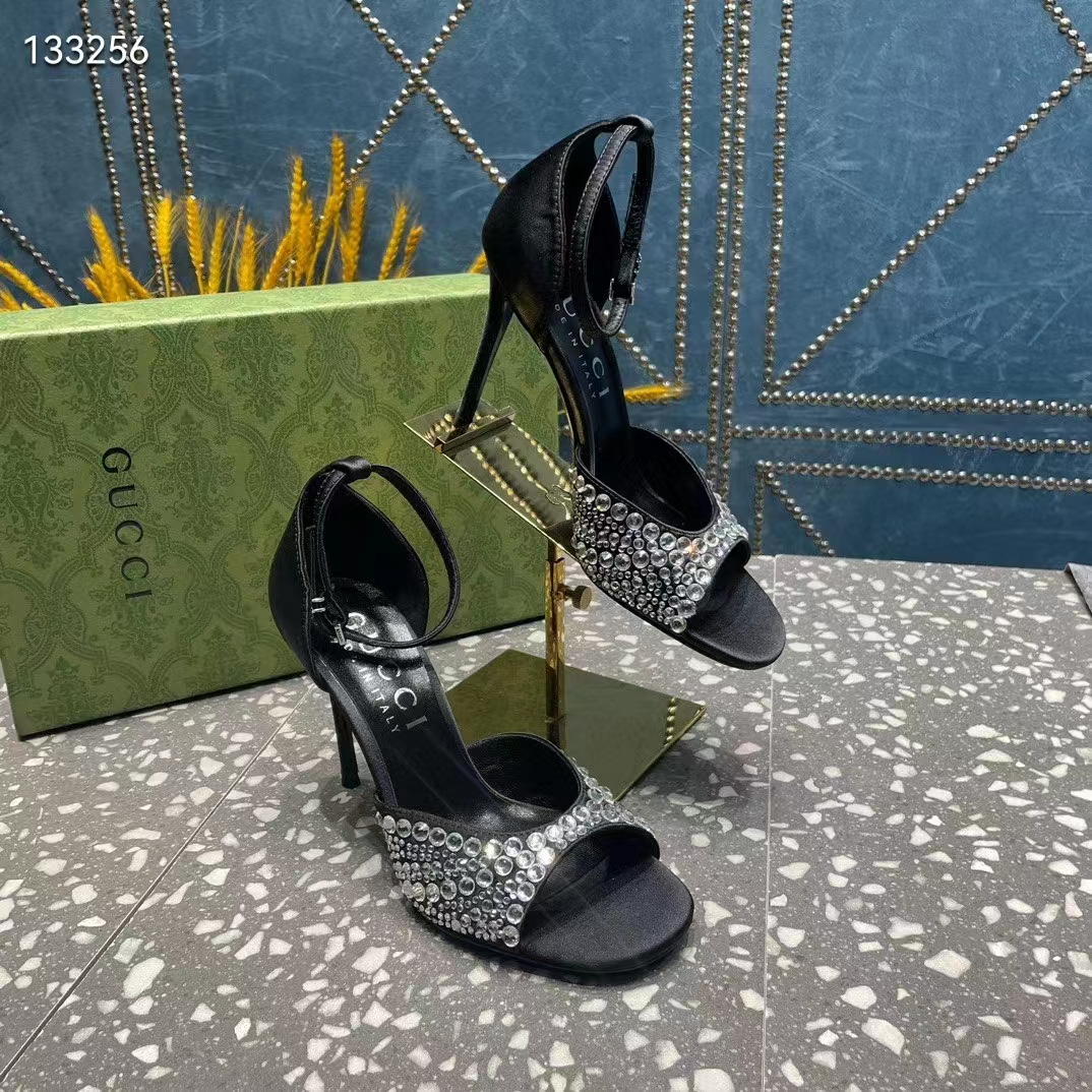 Gucci Women GG Mid-Heel Sandals Crystals Black Satin 11 CM Heel Double G