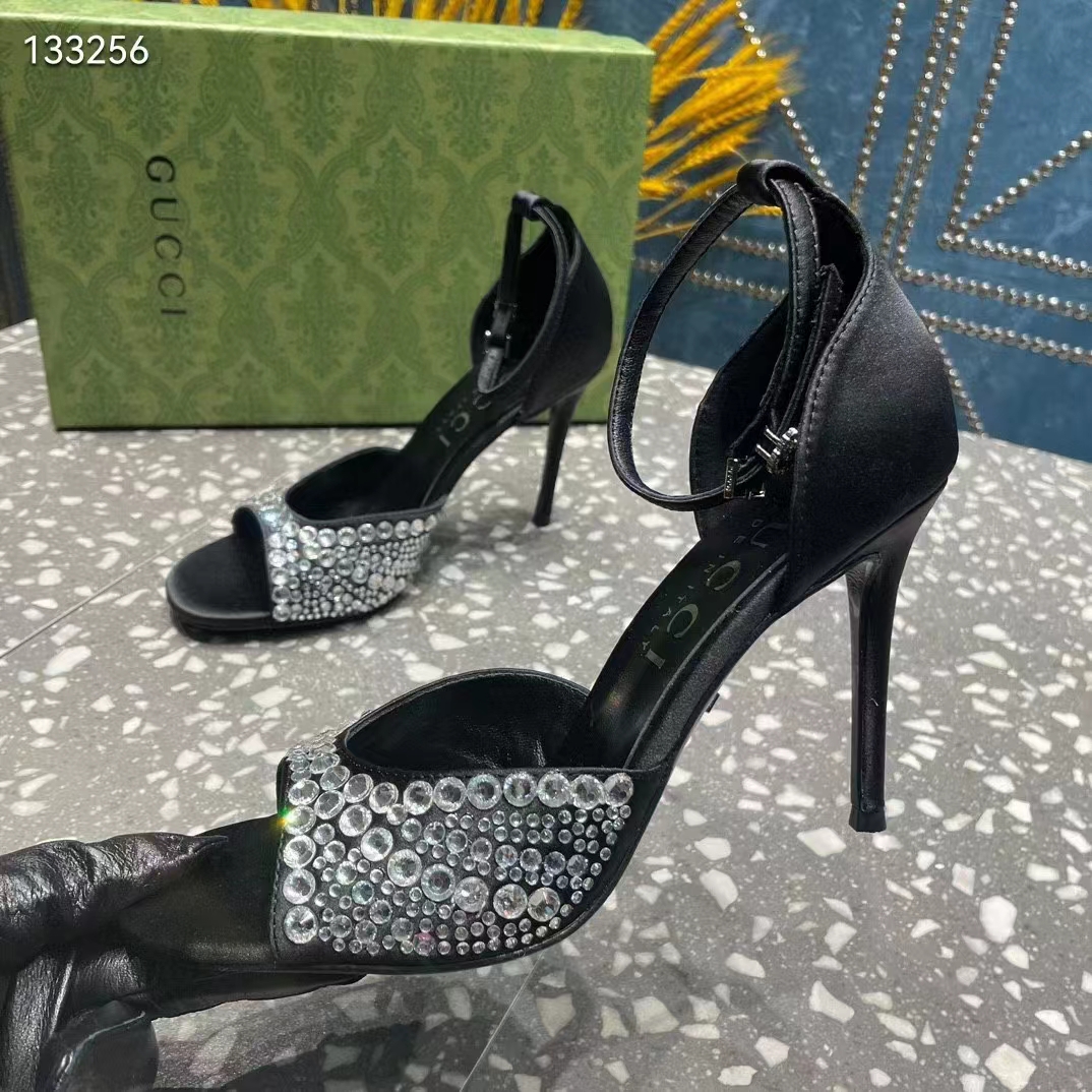 Gucci Women GG Mid-Heel Sandals Crystals Black Satin 11 CM Heel Double G