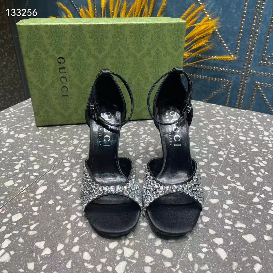 Gucci Women GG Mid-Heel Sandals Crystals Black Satin 11 CM Heel Double G