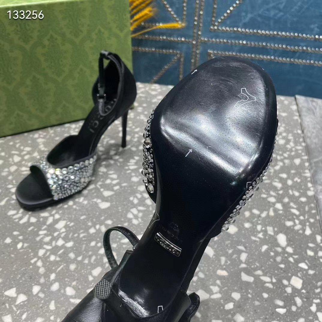 Gucci Women GG Mid-Heel Sandals Crystals Black Satin 11 CM Heel Double G