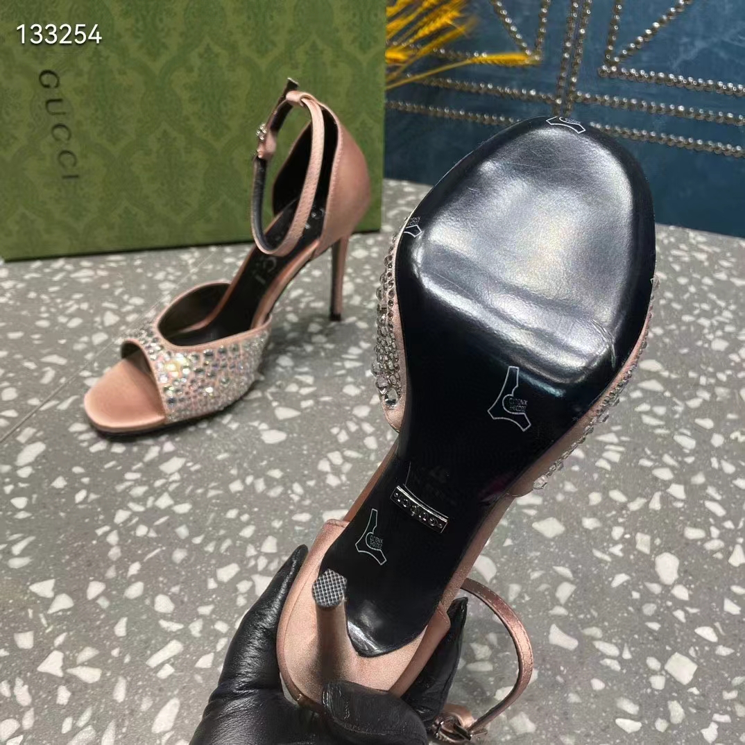 Gucci Women GG Mid-Heel Sandals Crystals Silver Satin 8 CM Heel Double G