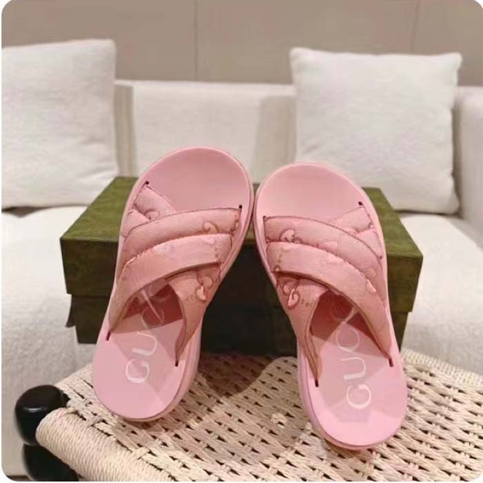 Gucci Women GG Platform Slide Sandal Light Pink Nylon Rubber Mid 6.4 CM Heel