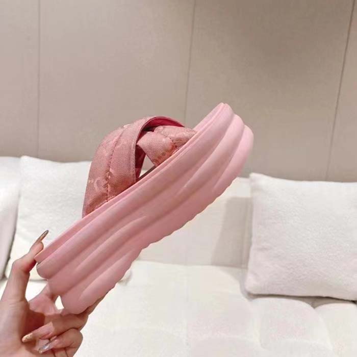 Gucci Women GG Platform Slide Sandal Light Pink Nylon Rubber Mid 6.4 CM Heel