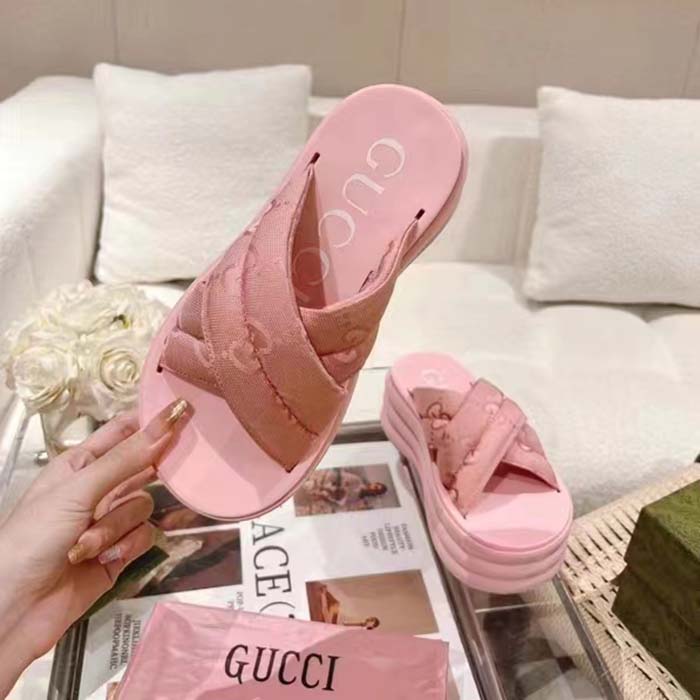 Gucci Women GG Platform Slide Sandal Light Pink Nylon Rubber Mid 6.4 CM Heel