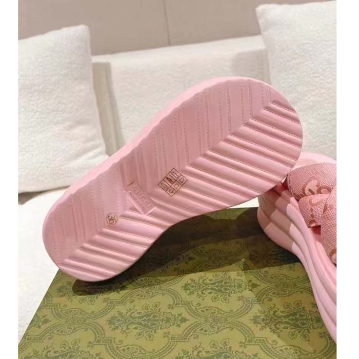 Gucci Women GG Platform Slide Sandal Light Pink Nylon Rubber Mid 6.4 CM Heel