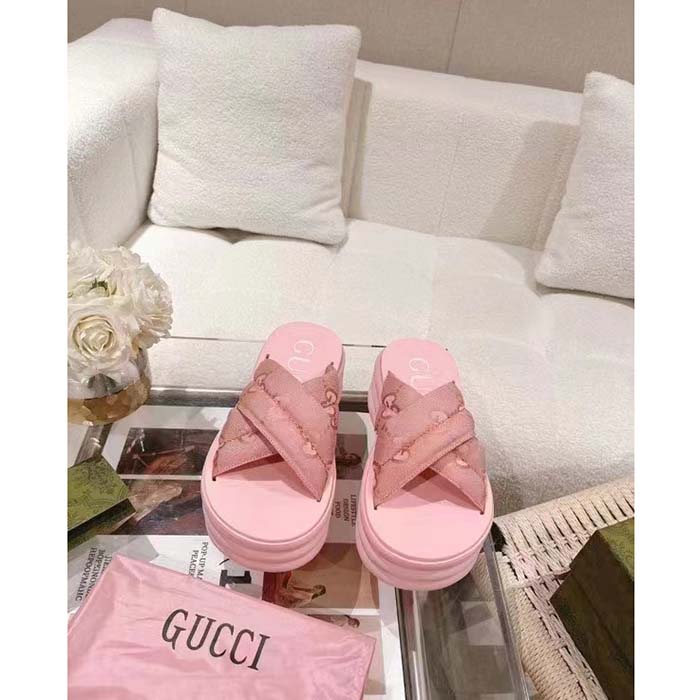 Gucci Women GG Platform Slide Sandal Light Pink Nylon Rubber Mid 6.4 CM Heel