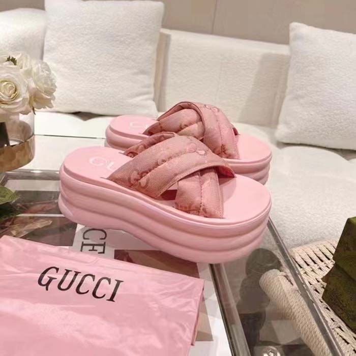 Gucci Women GG Platform Slide Sandal Light Pink Nylon Rubber Mid 6.4 CM Heel