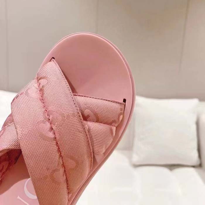 Gucci Women GG Platform Slide Sandal Light Pink Nylon Rubber Mid 6.4 CM Heel
