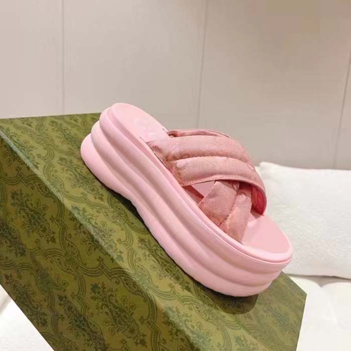 Gucci Women GG Platform Slide Sandal Light Pink Nylon Rubber Mid 6.4 CM Heel