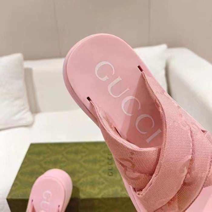 Gucci Women GG Platform Slide Sandal Light Pink Nylon Rubber Mid 6.4 CM Heel