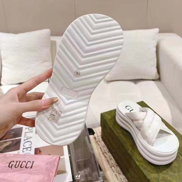 Gucci Women GG Platform Slide Sandal White Nylon Rubber Mid 6.4 CM Heel