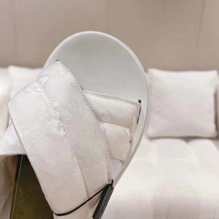 Gucci Women GG Platform Slide Sandal White Nylon Rubber Mid 6.4 CM Heel