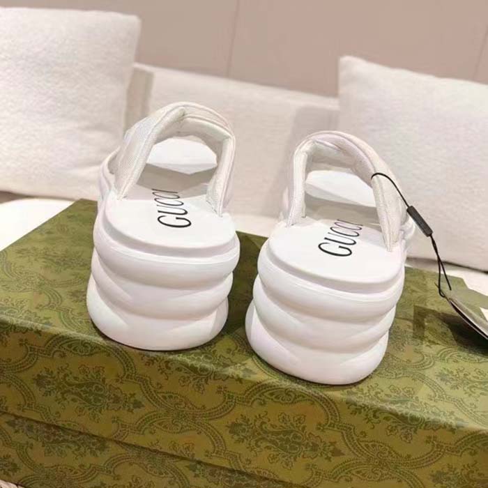 Gucci Women GG Platform Slide Sandal White Nylon Rubber Mid 6.4 CM Heel