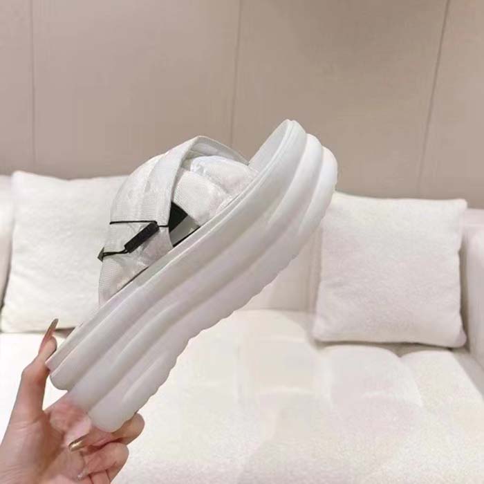 Gucci Women GG Platform Slide Sandal White Nylon Rubber Mid 6.4 CM Heel