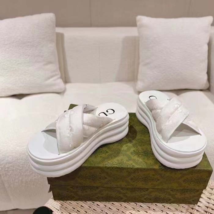 Gucci Women GG Platform Slide Sandal White Nylon Rubber Mid 6.4 CM Heel