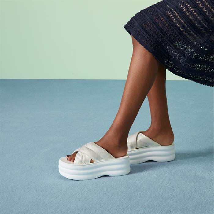 Gucci Women GG Platform Slide Sandal White Nylon Rubber Mid 6.4 CM Heel