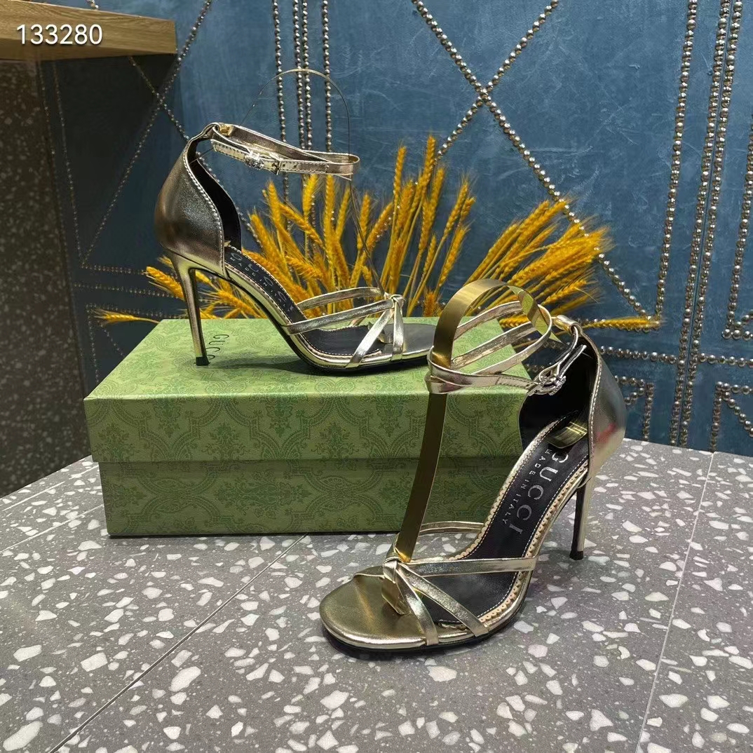 Gucci Women GG Strappy Sandal Double G Metallic Platinum Leather Crystal High 11 CM Heel