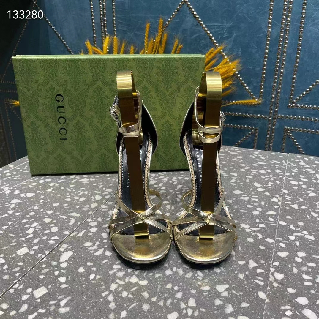 Gucci Women GG Strappy Sandal Double G Metallic Platinum Leather Crystal High 11 CM Heel
